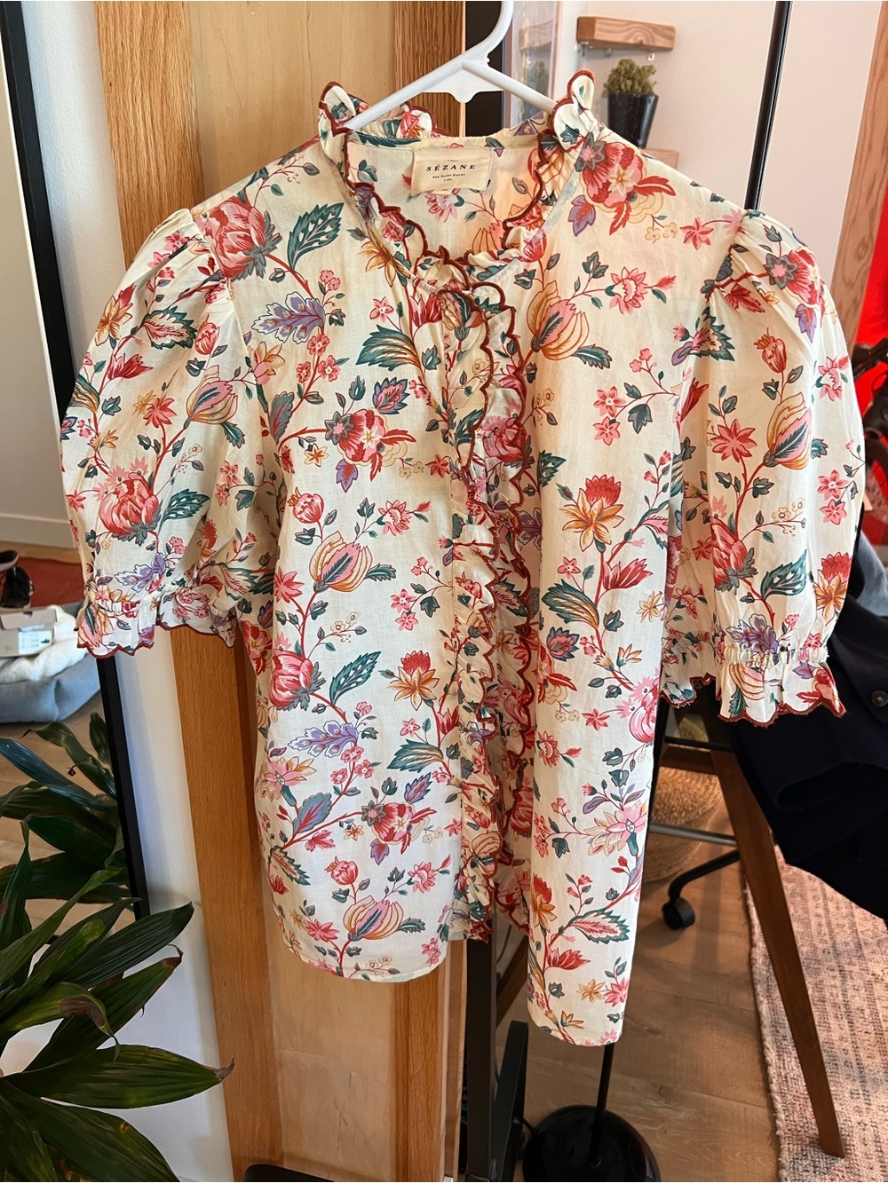 Sezane Cream Floral Ruffled Button-Down Blouse